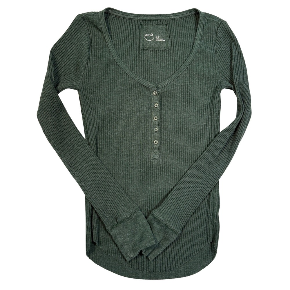 Aerie Forest Green Ribbed Henley Long Sleeve Top XS Curved Hem Button Front